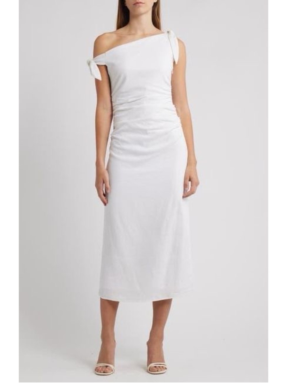 Wayf Cilo White Tie One-Shoulder Midi Dress with Tie Detail Linen Blend